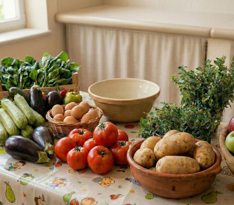 Φρέσκα υλικά στο τραπέζι της κουζίνας μας στον παιδικό σταθμό Καραμέλα